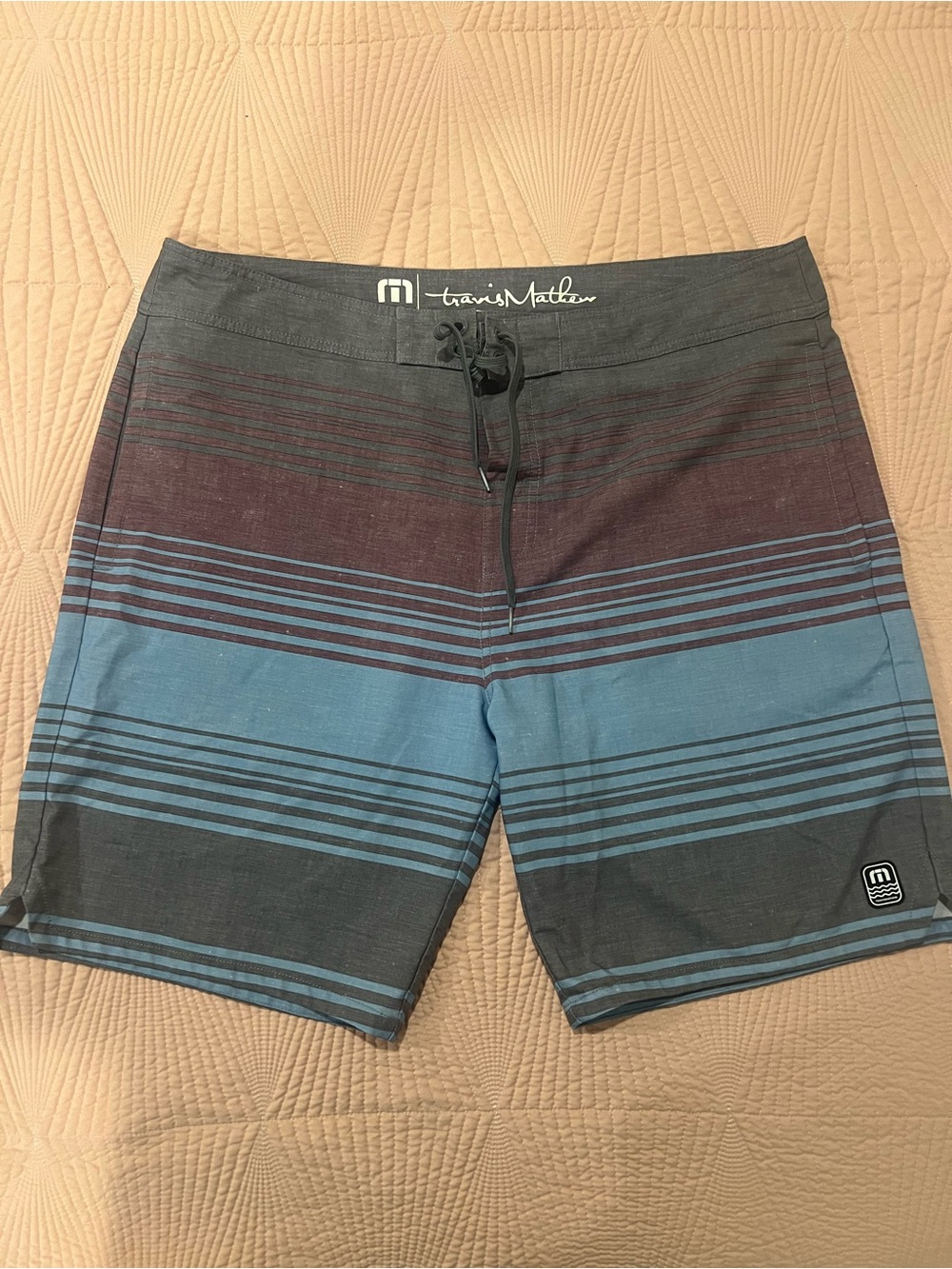 Travis Mathew Blue, Maroon & Black Striped Men’s Swim Board Shorts